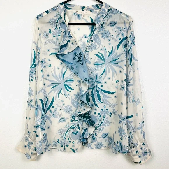 Dorothee Schumacher Floral Blue & Green Ruffled Long Sleeve Blouse Top 2/Small - Picture 3 of 7